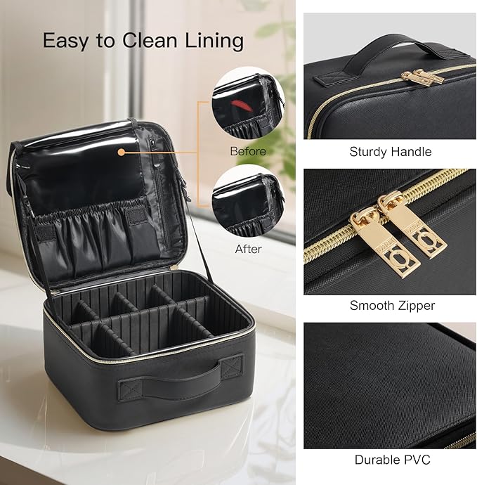 Makeup Travel Case 10 Inch, Large Storage Capacity Makeup Organizer Travel Bag with Compartment, Portable Cosmetic Case for Women, Waterproof, Durable, Gift for Her, Black