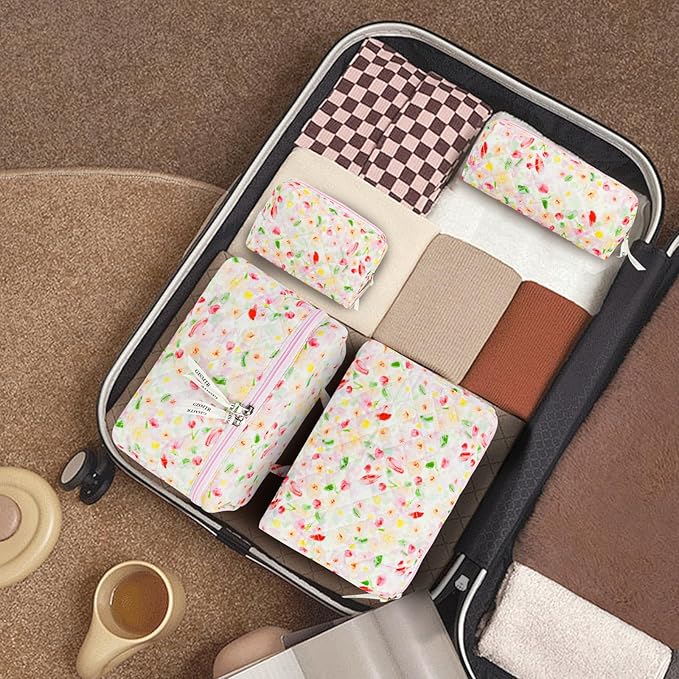 4Pcs Quilted Makeup Bag Set Cute Floral Cosmetic Bag Cotton Coquette Make up Bag Aesthetic Travel Toiletry Bag for Women Girls