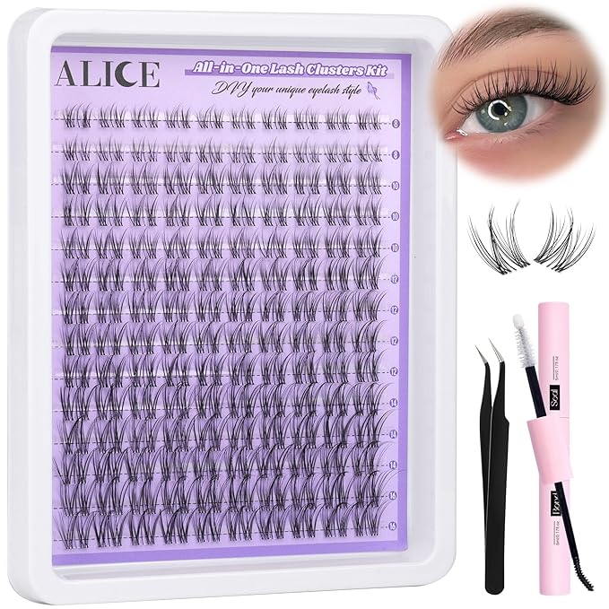 ALICE Cluster Eyelash Extension Kit Natural Wispy Lash Clusters Kit Lash Extension Kit Clear Band 168pcs C-Curly 11-13mm Individual Lashes with Lash Glue Bond and Seal Self Application at Home