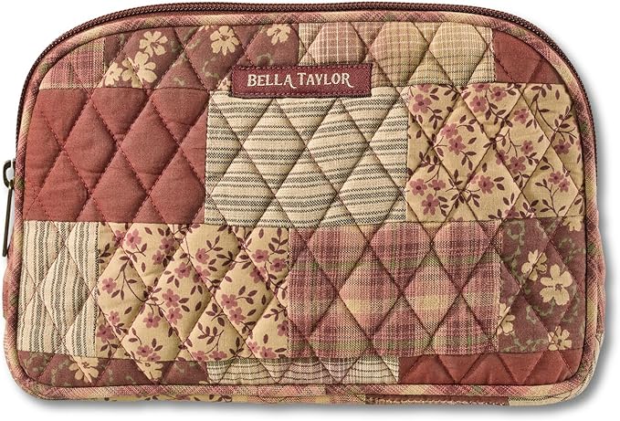 Bella Taylor Large Makeup Pouch for Women | Quilted Cotton Cosmetic Bag for Travel and Organization | Burgundy Patch