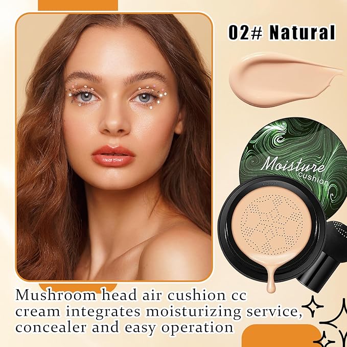 Mushroom Head Air Cushion CC Cream Foundation Makeup,Moisturizing BB Cream Face Makeup Liquid Foundation,Long Lasting Full Coverage Concealer for All Skin Types（Natural）