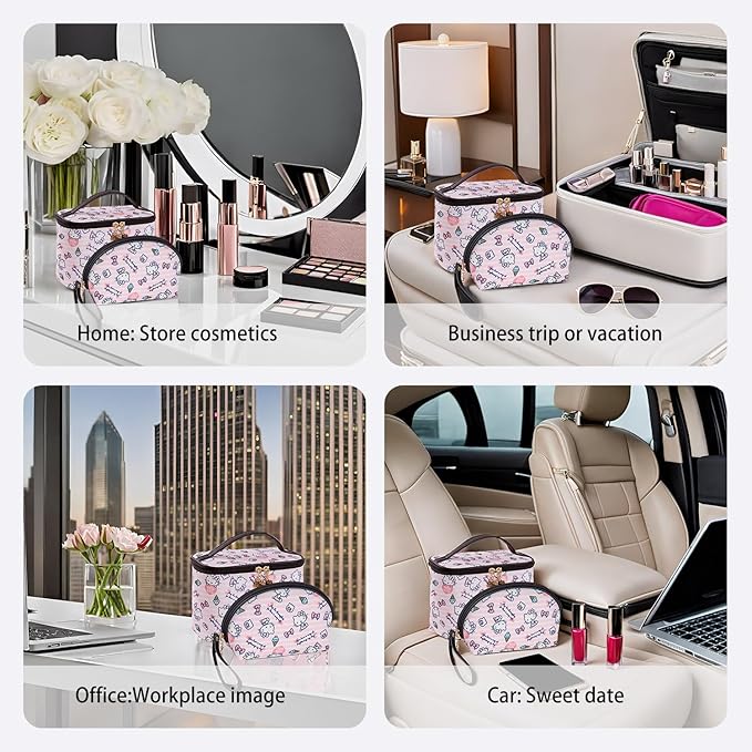 AmBealla Cosmetic Bag Large Makeup Bags Pink Travel Case with Makeup Brush Holder，2PCS Cosmetic Organizer for Women, Toiletry Storage Bag for Skincare & Beauty Tools Sweet Cute for Girls