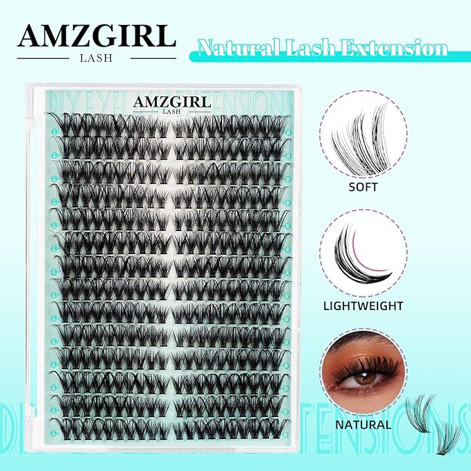Natural Lash Clusters Left&Right Eyelash Clusters 280pcs D Curl Wispy Cluster Lashes DIY Individual Lashes Extension Thin Band Cluster Eyelashes Extensions(50D,9-18mm Mix)