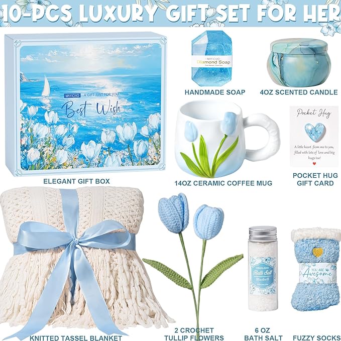 Birthday Gifts for Women Self Care Set Get Well Soon Gift Baskets, Relaxing Bluebell Spa Gift Basket Care Package for Women, Unique Christmas Mom Gifts for Her Girlfriend Sister Friend Wife Grandma