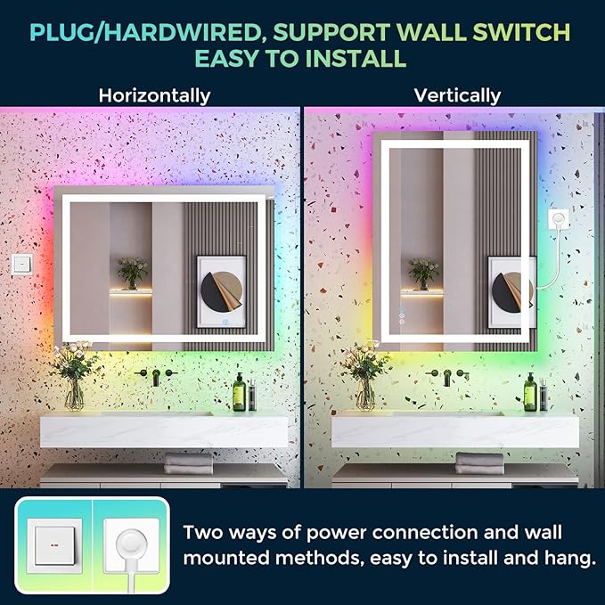 48x36 Inch RGB LED Bathroom Mirror Front Light and RGB Backlit Lighted Vanity Mirror for Bathroom Wall Mounted Dimmable Anti Fog Memory Shatter-Proof IP54 Waterproof Horizontal/Vertical