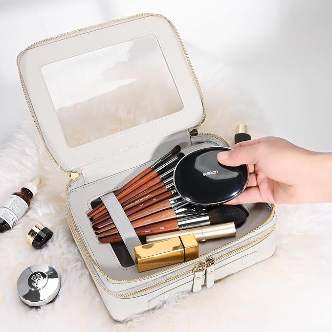 Aveniee Clear Makeup Bags, Double Layer Cosmetic Bags with a Separate Brush Compartment, Large Travel Toiletry Bag Skincare Train Case for Women, Travel Accessories Organizer(2 Layers Large, Grey)