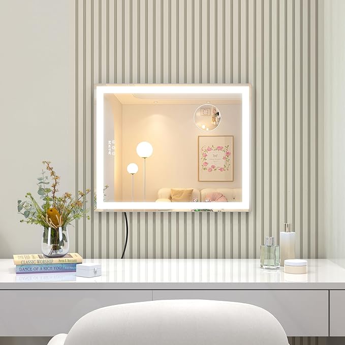 ANYHI Vanity Mirror with LED Light, 24"x20.5" Lighted Vanity Mirror with 10X Magnifying, 3 Color Modes, Dimmable, Smart Touch Control, Aluminum Frame, Tabletop/Wall Mount, Silver