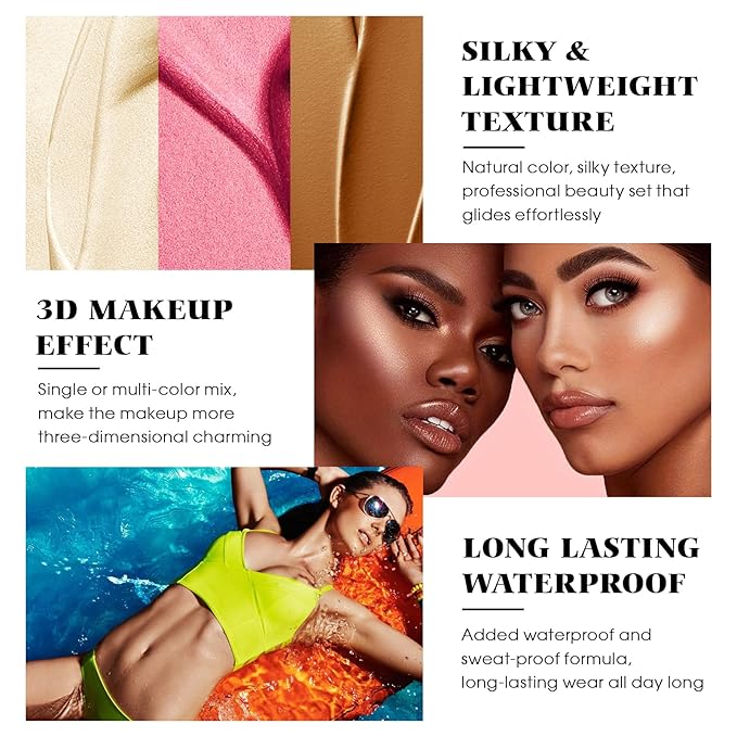 3Pcs Cream Contour Kit - Cream Blush, Highlighter, Contour Bronzer for Cheeks, Waterproof Long Lasting Blendable, Contour Stick Trio for Face Makeup (#01, 03, 04)