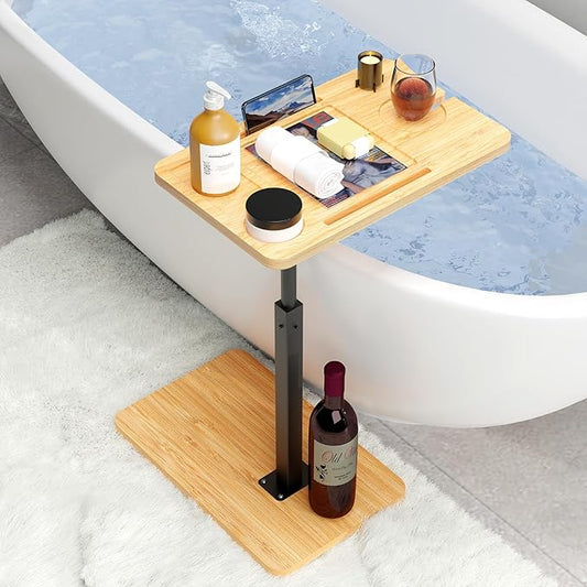 Bathtub Caddy Tray Table with Adjustable Height, Freestanding Bath Caddy Tray with Reading Rack, Tablet Holder, Cellphone Tray and Wine Glass Holder, Organizer Tray-B