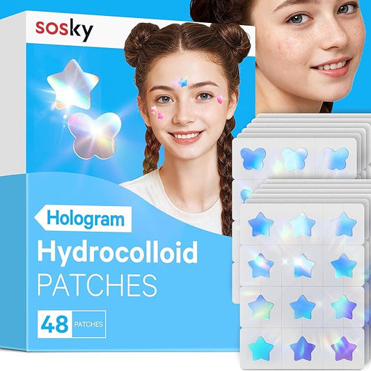 Sosky Hologram Pimple Patches for Face, Hydrocolloid Acne Patches with Salicylic Acid, Cute Star Zit Stickers,Colorful Blemish Covers,48 Count Blue Star Butterfly