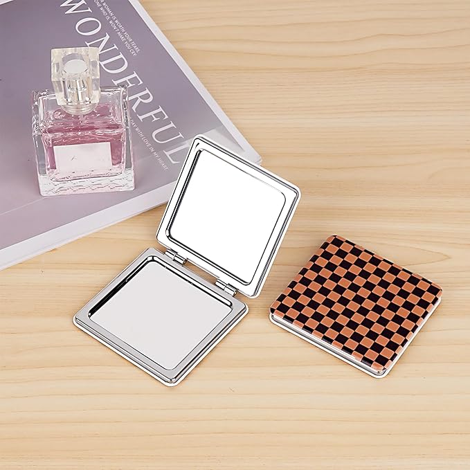 2 Pack Compact Mirror Black Brown Checkered Pattern, Portable Pocket Mirror with Double-Sided Magnification for Makeup, Touch-up and Travel