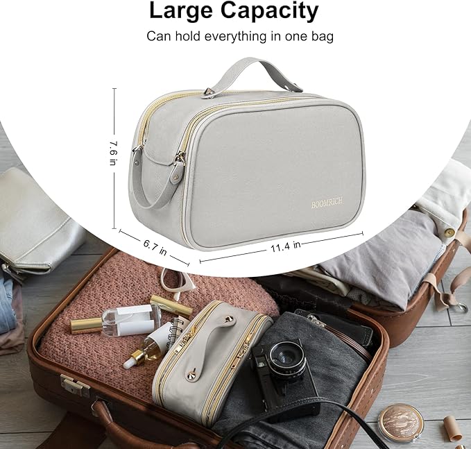 BOOMRICH Large Travel Makeup Bag, Cosmetic Bag, Toiletry Bag for Women, Water-Resistant Leather Toiletry Organizer, Dopp Kit for Toiletries Accessories, Blue Grey