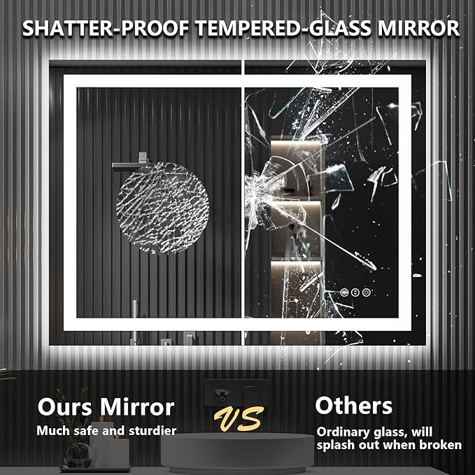 48x36 Inch LED Bathroom Mirror with Lights Front and Backlit Lighted Vanity Mirror for Bathroom Wall with 3 Colors Dimmable Anti-Fog Memory Shatter-Proof IP54 Waterproof Horizontal/Vertical