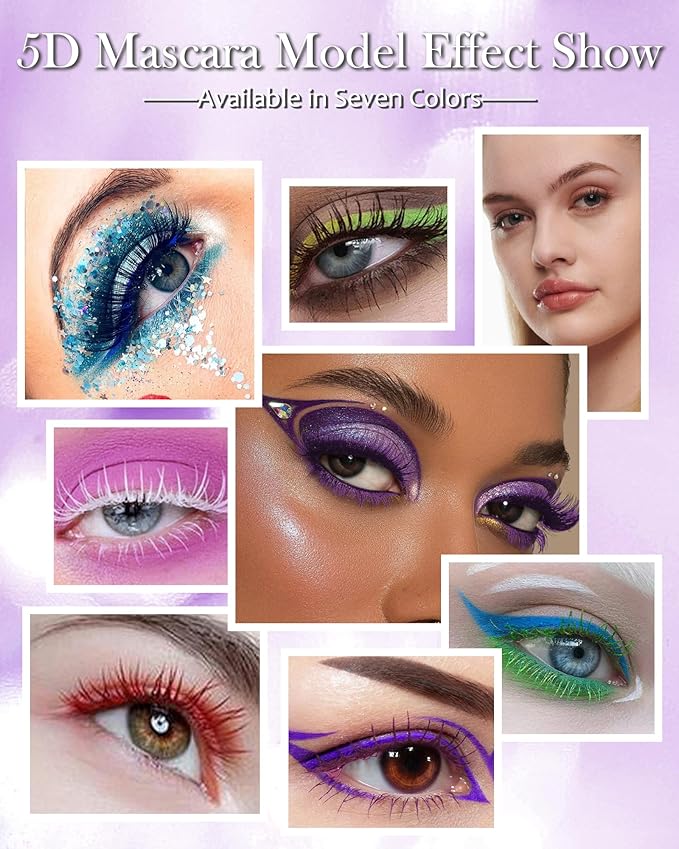 5D Colored Mascara for Eyelashes-3 Colors Blue Purple Green Longlasting Waterproof Mascara Volume and Length,Curling Fiber rimel de pestañas,Women's Day Cosplay Eye Makeup Gift for Women Girl