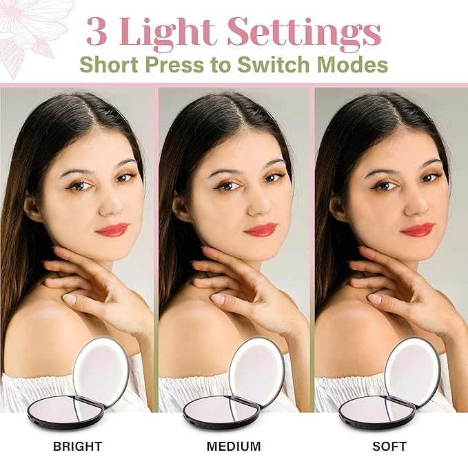 BoldAct Compact Mirror with Light 1X/3X Magnification LED Travel Makeup Mirror with Power Bank Rechargeable, Dimmable Lighted Portable Makeup Mirror for Purse 2 Sided Folding Mirror Green