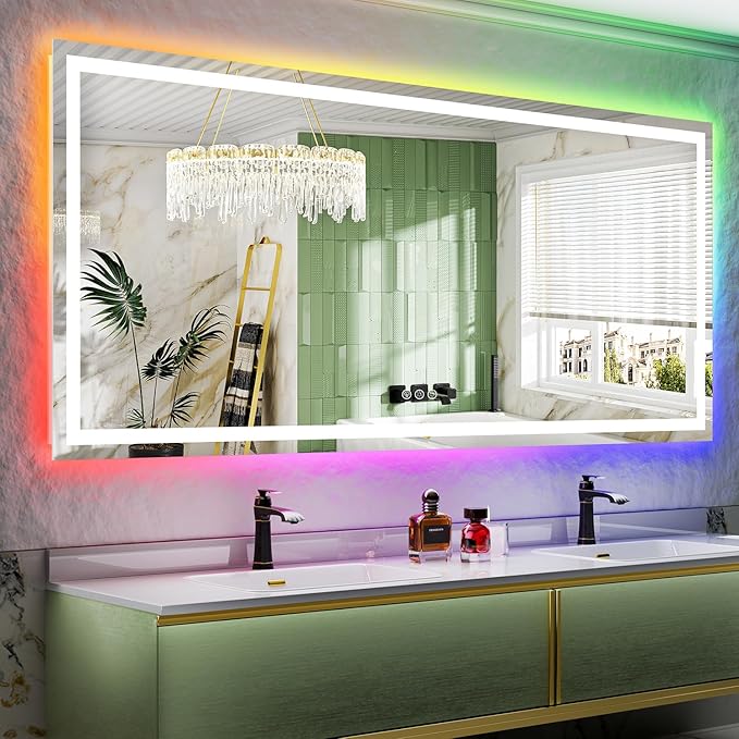 84x40 Inch RGB LED Bathroom Mirror Front Light and RGB Backlit Lighted Vanity Mirror for Bathroom Wall Mounted Dimmable Anti Fog Memory Shatter-Proof IP54 Waterproof Horizontal/Vertical
