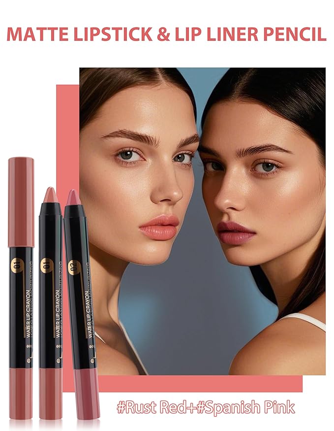2PCS Matte Lipstick Lip Liner Pencil With Sharpener, Lipstick Set, Moisturizing Smooth lip liners, High Pigmented and Long-lasting, Smudge-proof & Waterproof Lip Crayon For Women Makeup