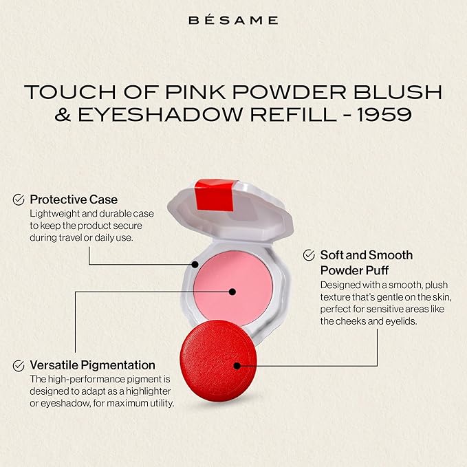 Besame Cosmetics Dreamy Pink Powder Blush Refill - Fits Signature Compacts Post-2019, Soft Pink, Safe for Eyes