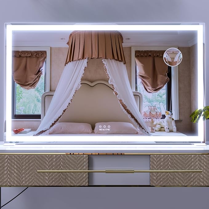 BEAUTME Large Vanity Mirror with Lights 40x24 inch,Lighted Makeup Mirror with Lights fo Bedroom/Dressing Table/Bathroom,Light Up/Aluminum Frame White (Horizontal/Vertical)