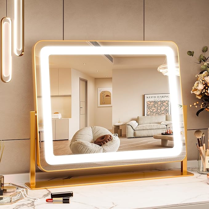 19.6"x15.7" Vanity Mirror with Lights, Large Lighted Mirror, LED Makeup Mirror with 3-Color Dimmable Modes and Smart Touch Control, Perfect for Desk or Bedroom, Vanity Desk Tabletop Makeup, Gold