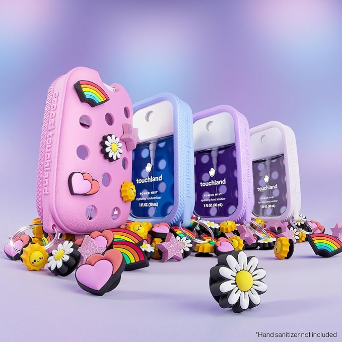 Touchland x Crocs Limited Edition Mist Case 1 Fl. OZ., Stylish Hand Sanitizer Spray Accessory, with 5 Jibbitz Charms and Keyring, Cosmic White Color