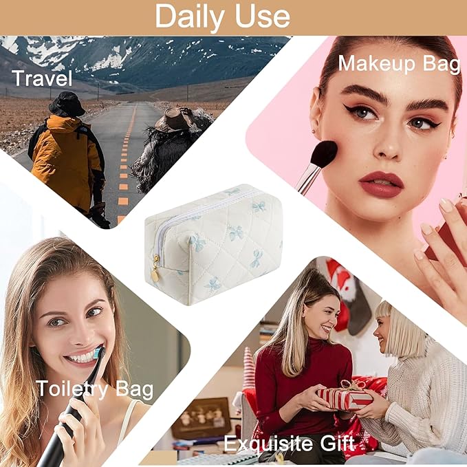 Makeup Bag Travel Cosmetic Bag for Women Girls, Zipper Make Up Pouch, Floral Flowers Toiletry Organizer Makeup, Portable Storage Bag, Cosmetic Travel Cloth Bag (Blue Bow Tie)