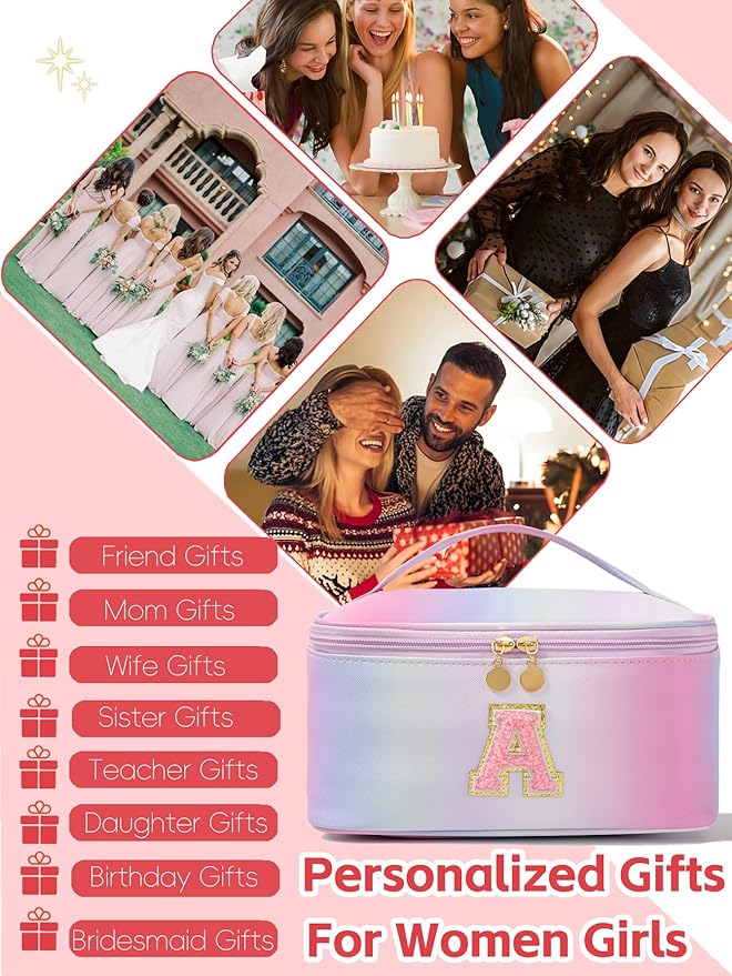 Meiyuuo Cute Makeup Bag for Girls Personalized Cosmetic Bags for Teens Monogrammed Travel Pro Pouch Toiletry Bag for Women Bridal Shower Birthday Gifts for Her Preppy Gradient Pink Initial A
