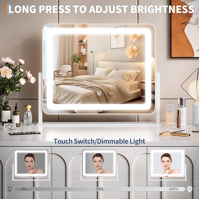 19.6"x15.7" Vanity Mirror with Lights, Large Lighted Mirror, LED Makeup Mirror with 3-Color Dimmable Modes and Smart Touch Control, Perfect for Desk or Bedroom, Vanity Desk Tabletop Makeup, White