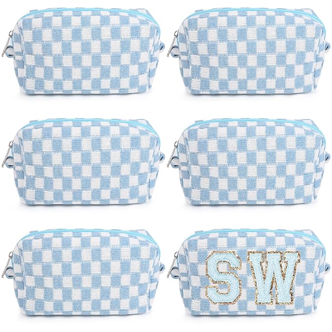 6 Pcs Preppy Makeup Bag Bulk Checkered Cosmetic Bag Light blue Makeup Pouch Personalize Travel Toiletry Bag Organizer Cute DIY Makeup Brushes Storage Bag for Women