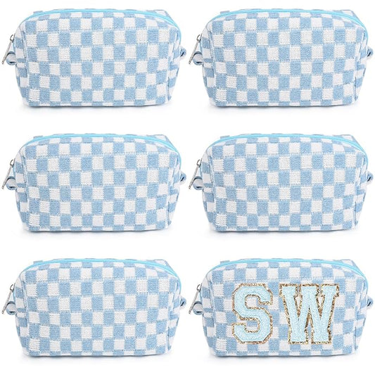 6 Pcs Preppy Makeup Bag Bulk Checkered Cosmetic Bag Light blue Makeup Pouch Personalize Travel Toiletry Bag Organizer Cute DIY Makeup Brushes Storage Bag for Women