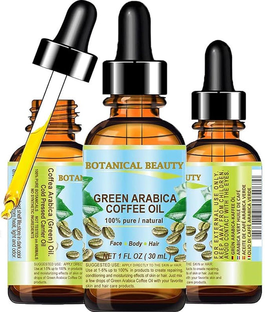 Botanical Beauty GREEN ARABICA COFFEE OIL Brazilian 100% Pure Virgin Unrefined 1 Fl.oz- 30 ml. for Face, Skin, Hair, Lip, Nails. Anti - aging face Oil