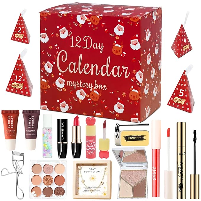 Makeup Advent Calendar 2025, Makeup Kits Mystery Boxes For Christmas Tree Decors, 12 Days Christmas Advent Calendars Gifts for Girls, Xmas Gift Makeup Set For Teens Girls Includ Eyeshadows Lipstick