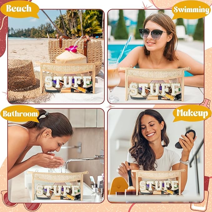 Boho Patch STUFF Cosmetic Bag - Summer Preppy STUFF Chenille Varsity Letter Toiletry Makeup Bag Clear Waterproof Travel Beach Makeup Pouch PVC Zipper Clutch Daily Use Purse for Women Girls