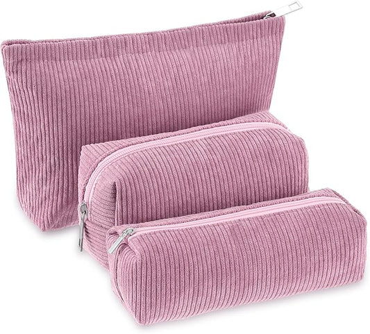3 Pcs Makeup Bag Set for Women Corduroy Cosmetic Pouch Aesthetic Smile Travel Toiletry Bag Cute Purse Pouch Pencil Case Makeup Brushes Storage Organizer for Christmas(Rose Pink,Solid Style)