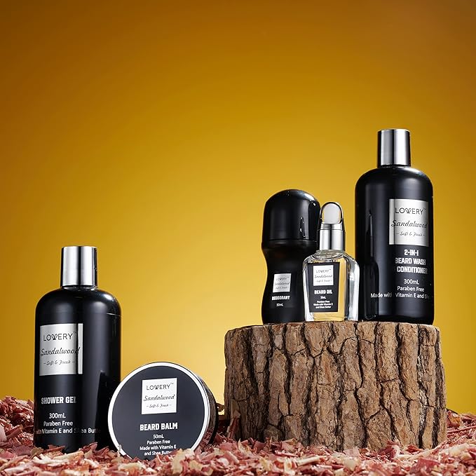 Christmas Gifts for Men, Mens Body And Wash Gift Set Beard Kit and Body Care, Unique Gifts for Dad Sandalwood Spa Gift Baskets, Bath and Beard Grooming Kit, Gifts for Husband Him Beard Balm Growth Oil