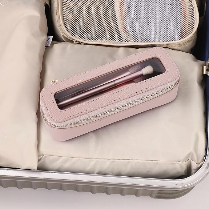 Makeup Brush Case Clear Travel Cosmetic & Toiletry Bag Slim Makeup Bag with Zipper Small Purse Organizer Car Essential Bag for Women (Pink, SLIM-3)