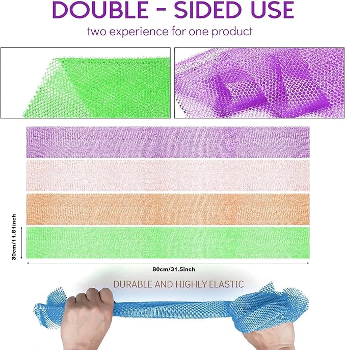 4 Pieces African Net Sponge African Net Long Net Bath Sponge Exfoliating Shower Body Scrubber Back Scrubber Skin Smoother,Great for Daily Use (Purple, Orange, Green, Pink)