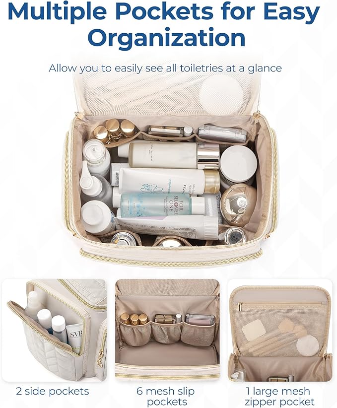 BAGSMART Travel Toiletry Bag, Large Wide-open Travel Bag for Toiletries, Makeup Cosmetic Travel Bag with Handle-Beige
