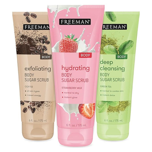 Freeman Sugar Body Scrub Set, Strawberry Milk, Green Tea, and Coffee Body Scrubs, Hydrating, Exfoliating, & Deep-Cleansing Skincare, Removes, Dirt, Oil, & Impurities, Self-Tan Prep, 3 Count