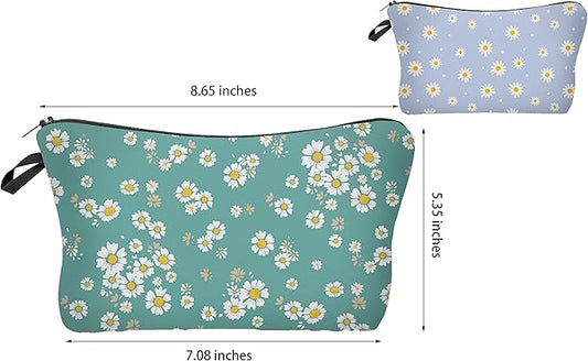 2 Pcs Cosmetic Bag for Women Small Make Up Bag Waterproof Travel Toiletries Pouch with Zipper for Organizing Small Items, Gift Bags for Birthday Christmas(Daisy Flower 2)