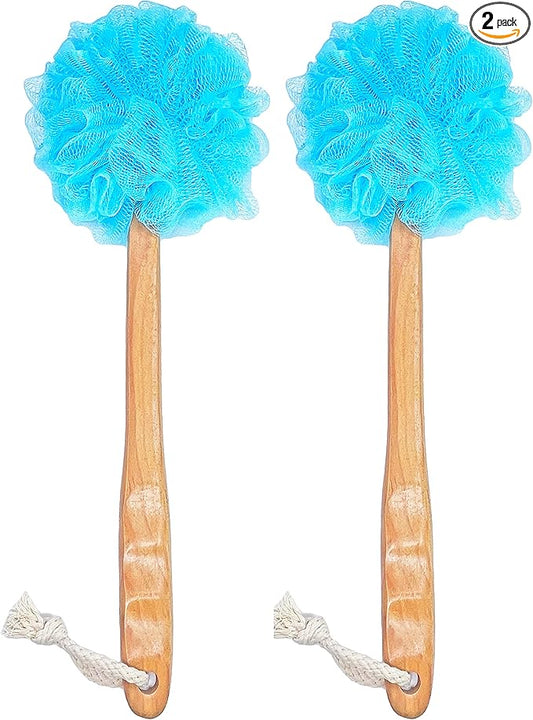 Shower Loofah Body & Back Scrubber - Exfoliating Loofah luffa Bath Brush On a Stick - with Long Wooden Handle Back Brush for Men & Women - Easy Reach Body Wash & Lotion Applicator（ 2 Pack- Blue）
