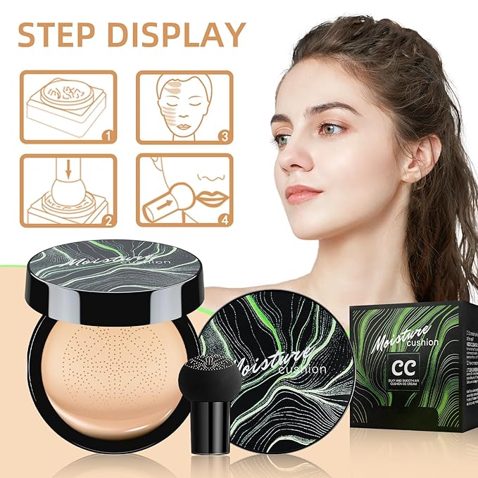 Mushroom Head Air Cushion CC Cream - BB Cream Foundation Makeup Moisturizing Concealer Long-Lasting, Cushion Foundation Full Coverage Self Adjusting for Mature Skin & All Skin Types (Dark Brown)