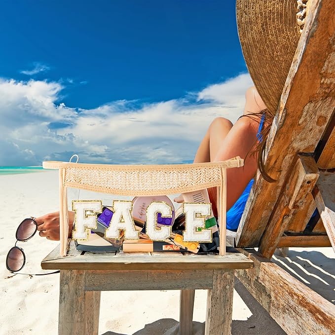 Boho Patch Face Cosmetic Bag - Summer FACE Chenille Varsity Toiletry Makeup Bag Beige Letter Clear Waterproof Travel PVC Zipper Clutch Daily Use Purse Summer Beach Pool Pouch for Women Girl