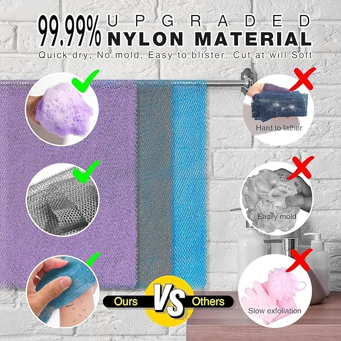 3 Pieces African exfoliating net African Net Long Net Bath Sponge Exfoliating Shower Body Scrubber Back Scrubber Skin Smoother,Great for Daily Use (Purple Gray Blue)
