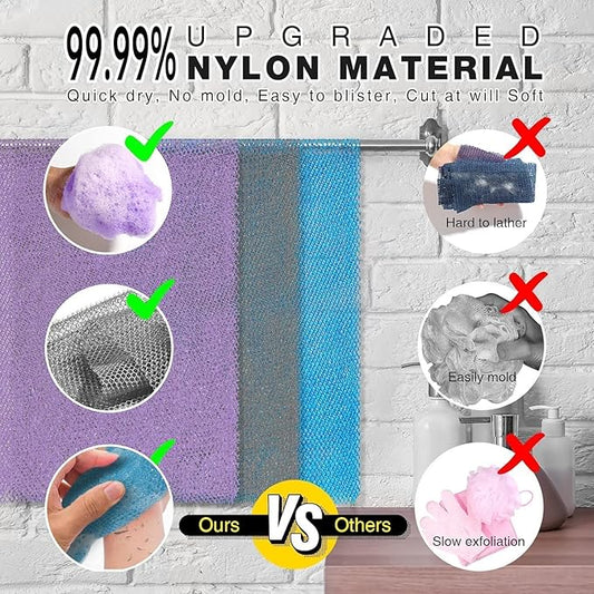 3 Pieces African exfoliating net African Net Long Net Bath Sponge Exfoliating Shower Body Scrubber Back Scrubber Skin Smoother,Great for Daily Use (Purple Gray Blue)