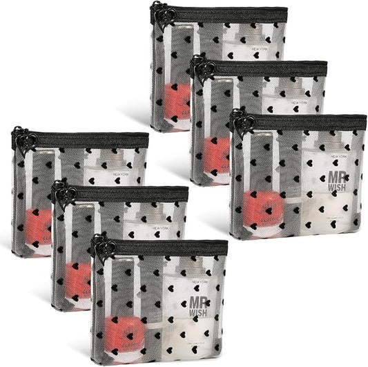 6 Pack Mini Zipper Mesh Makeup Bags, Heart Print Nylon Cosmetic Bags Toiletry Bags for Office Travel Organization (Widened-Beige, XS)