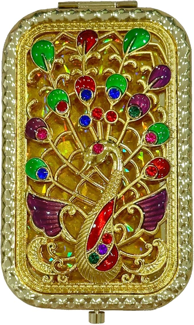 1PC Vintage Spread The Wings Peacock Pattern Cosmetic Makeup Pocket Purse Magnification Jewel Mirror （Rectangle）