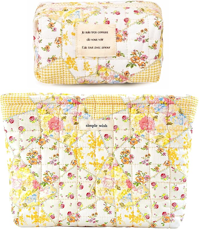 2 Pieces Floral Makeup Bag, Cute Travel Quilted Pouch Cosmetic Bag Organizer, Small Cotton Coquette Aesthetic Purse Toiletry Bag for Women Girls accessories (Beige Flower-2PCS)