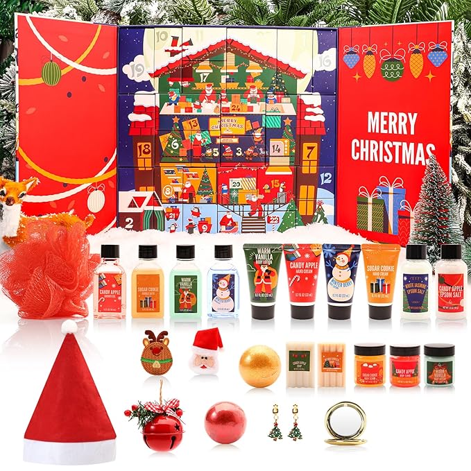 Advent Calendar 2024 Adult, Holiday Gift Baskets for Women with Hand Cream, Epsom Salt, Candle, Necklace, Brooch, Ear Clips, Skincare Beauty Advent Calendar, Happy New Year Countdown Calendar Gift Set