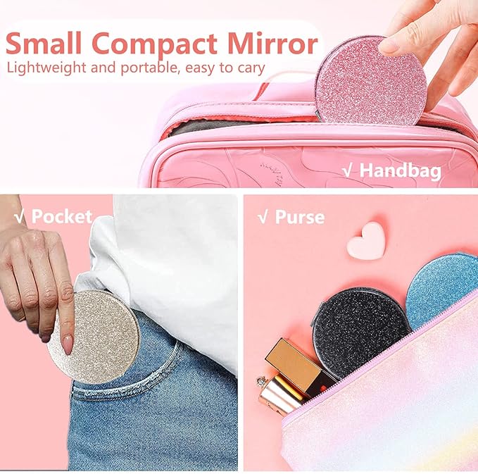 Acedada Compact Mirror, Pocket Mirror, Small Mirror for Purse with Glitter, Portable Mini Travel Makeup Mirror, Folding Handheld 2-Sided 1x/2x Magnifying Compact Mirror for Women Girls - Gold